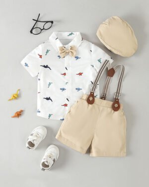 Boys White Collar Shirt & Shorts with Suspenders